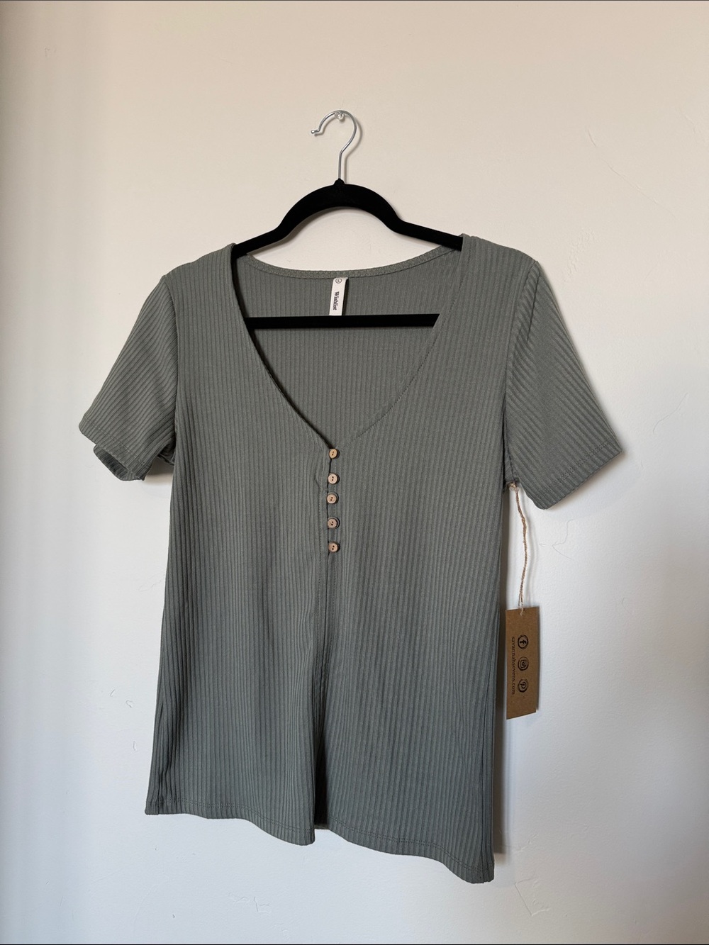 Wishlist Sage Green Ribbed V-Neck Button Short Sleeve Top